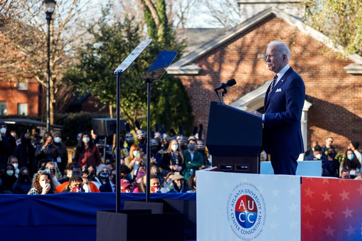 <span>Joe Biden speaks on the grounds of Morehouse College and Clark Atlanta University in Atlanta, Georgia, on 11 January 2022.</span><span>Photograph: Jonathan Ernst/Reuters</span>