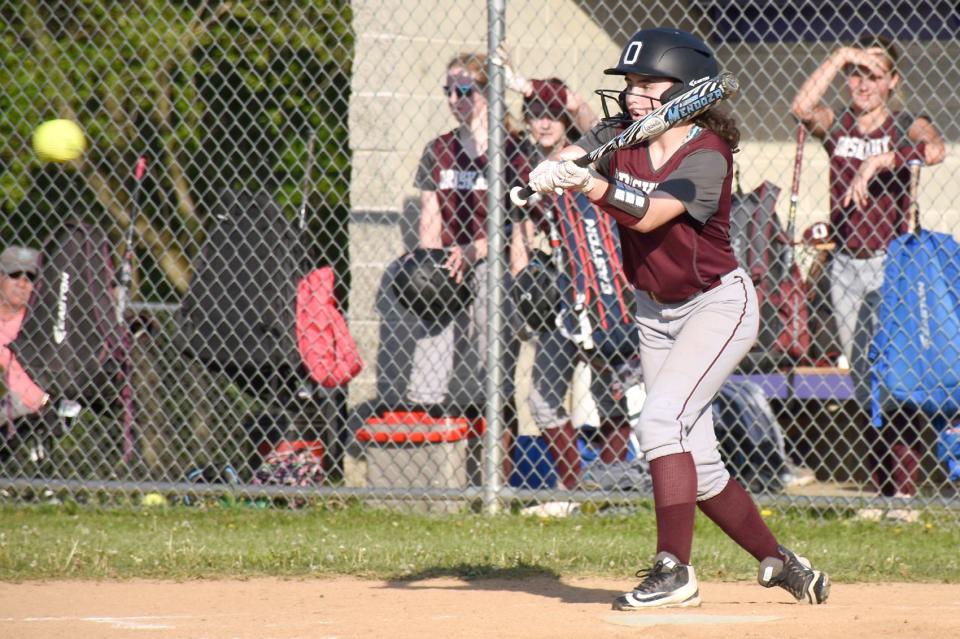 An Oriskany batter takes a slash at a pitch during a 2021 game at West Canada Valley.