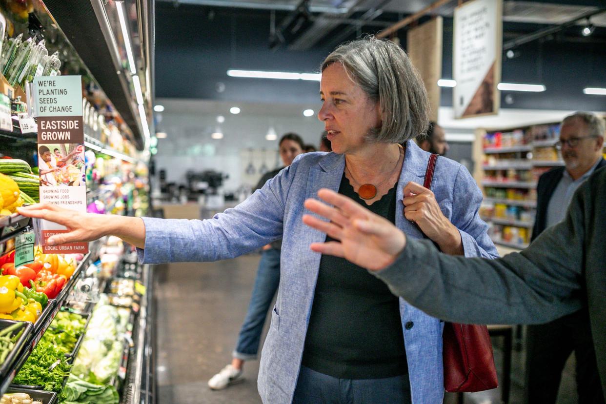 Stacy Dean, USDA under secretary, tours the Market at Eastpoint in Oklahoma City to promote the federal government's double-up SNAP benefits program aimed at low-income residents in food deserts on July 27, 2023.