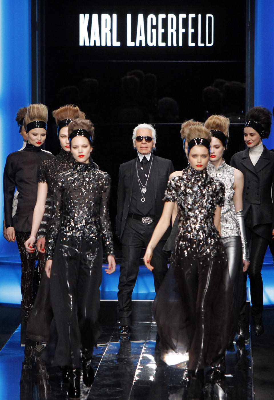 Lagerfeld and models walk the runway at the Karl Lagerfeld fall/winter 2010 ready-to-wear show on March 7, 2010, in Paris.