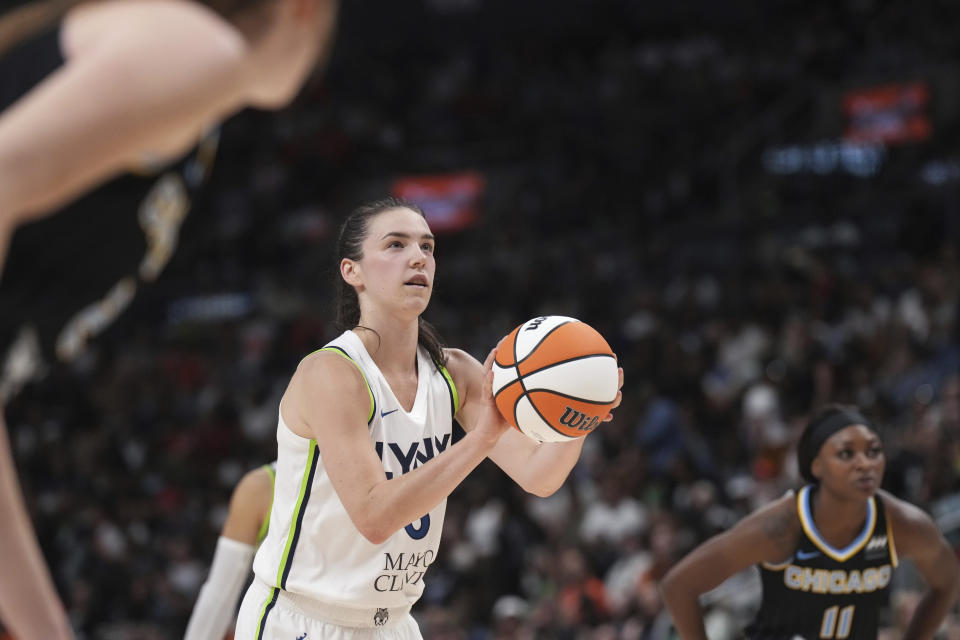 Minnesota Lynx forward Bridget Carleton takes a free throw during the first half of a preseason WNBA basketball game against the Chicago Sky in Toronto, Saturday May 13, 2023. (Chris Young/The Canadian Press via AP)