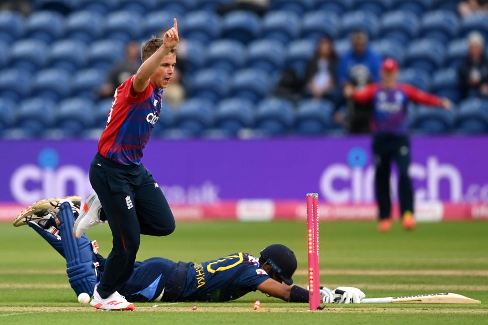 Sam Curran celebrates his side-footed run out (Getty Images)