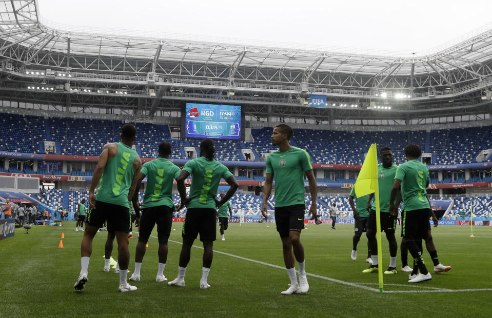 Players warm up during Nigeria’s official training on the eve of the group D match between Croatia and Nigeria at the 2018 soccer World Cup in the Kaliningrad Stadium in Kaliningrad, Russia, Friday, June 15, 2018. (AP Photo/Petr David Josek)