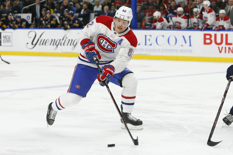 Montreal Canadiens forward Artturi Lehkonen (62) carries the puck during the second period of an hockey game against the Buffalo Sabres, Friday, Nov. 23, 2018, in Buffalo N.Y. (AP Photo/Jeffrey T. Barnes)