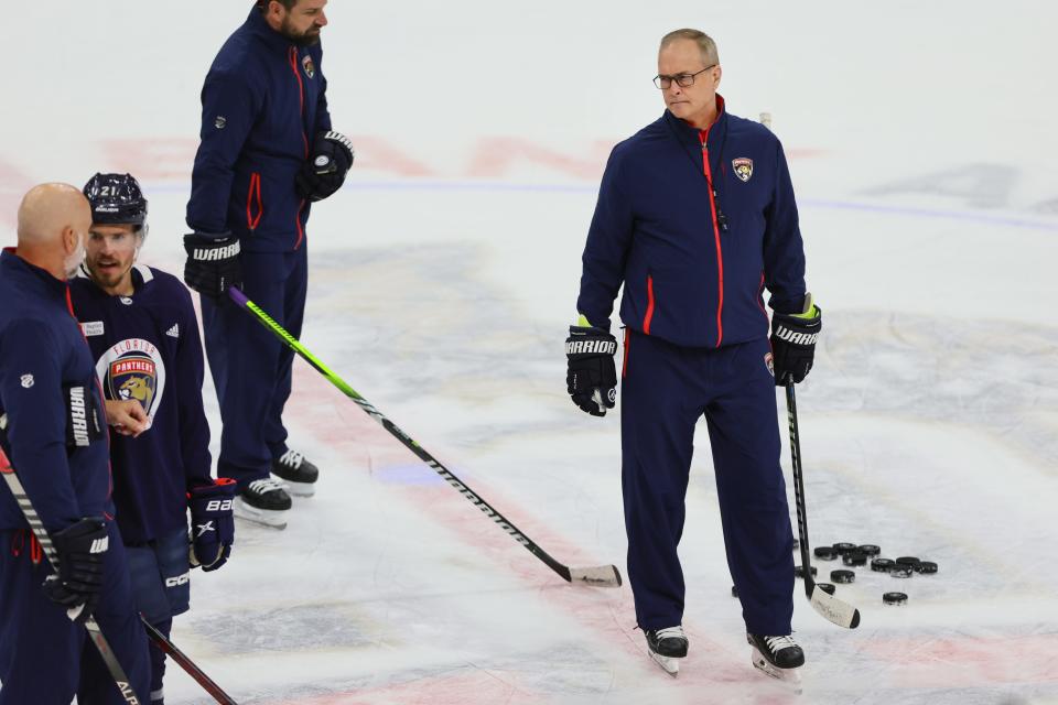 Jun 7, 2024; Sunrise, Florida, USA; Florida Panthers head coach Paul Maurice looks on during media day in advance of the 2024 Stanley Cup Final at Amerant Bank Arena. Mandatory Credit: Sam Navarro-USA TODAY Sports