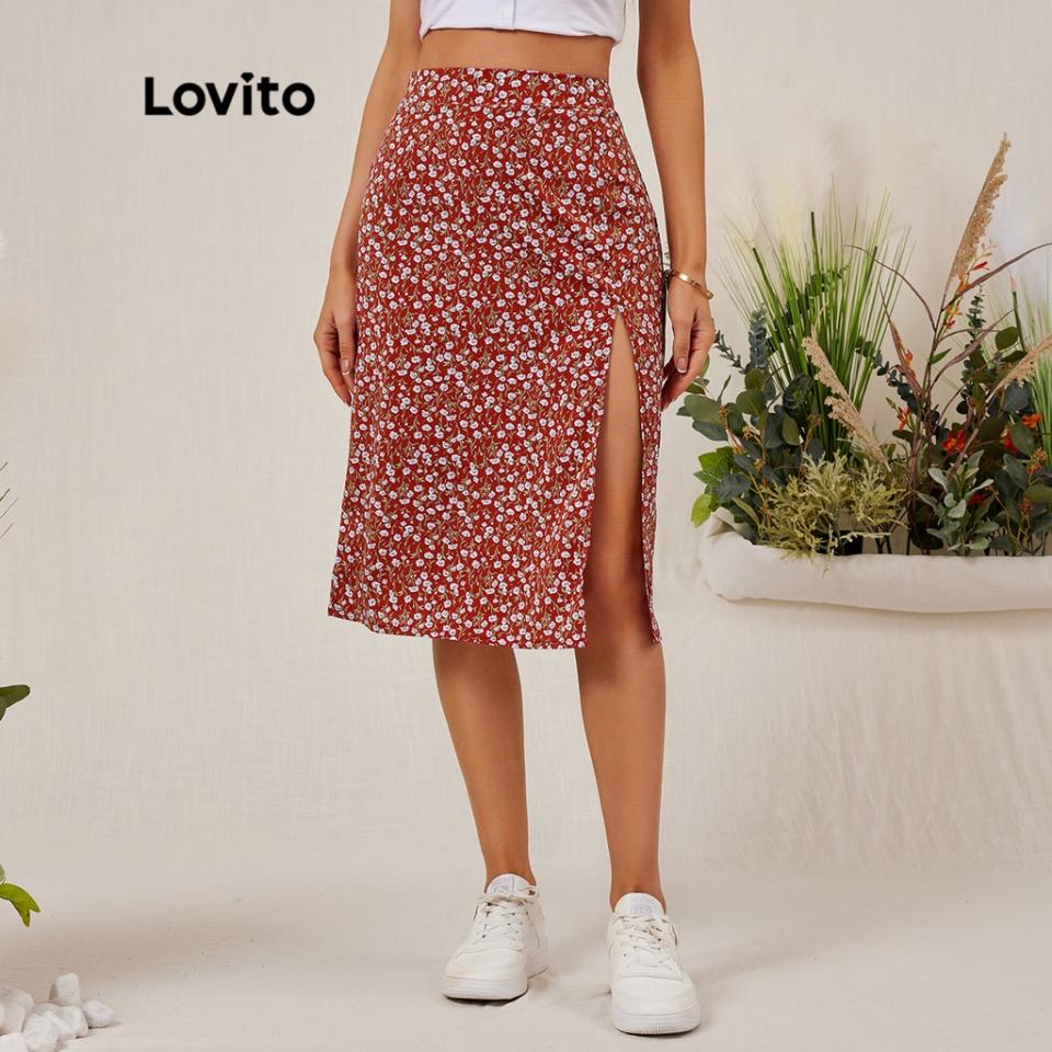 Lovito Casual Ditsy Floral Split A-Line High Waist Midi Skirt. (Photo: Shopee SG)