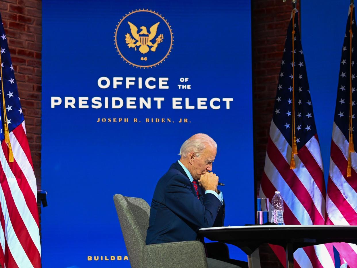 <p>US President-elect Joe Biden participates in a virtual meeting with the United States Conference of Mayors at the  Queen in Wilmington, Delaware, on 23 November 2020</p> ((AFP via Getty Images))