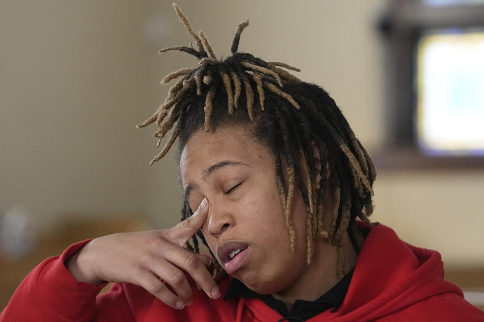 Dejia Jackson speaks about her father, Demetrio Jackson, during an interview at Celebration Church at Arrow Heights, Sunday, Feb. 26, 2023, in Anderson, Ind. (AP Photo/Darron Cummings)