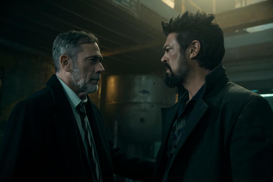 Jeffrey Dean Morgan as Joe Kessler and Karl Urban as Billy Butcher in season four of "The Boys."