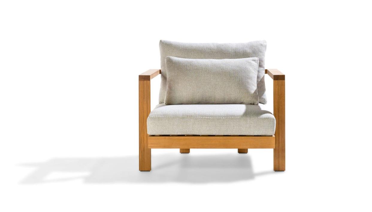 woodframe armchair with linen beige seat pillow and back