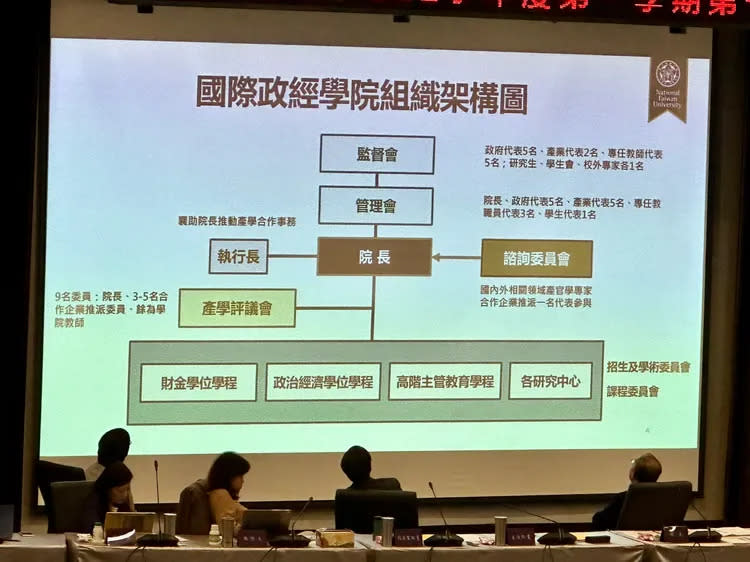 台大校務研究辦公室主任朱曉萍說明國際政經學院的組織架構，圖為簡報內容。王良博攝