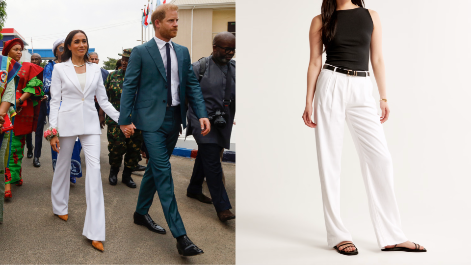 Meghan and Harry on May 10, 2024 in Abuja, Nigeria and Abercrombie's A&F Sloane Low Rise Tailored Linen-Blend Pant (Photos via Getty & Abercrombie).