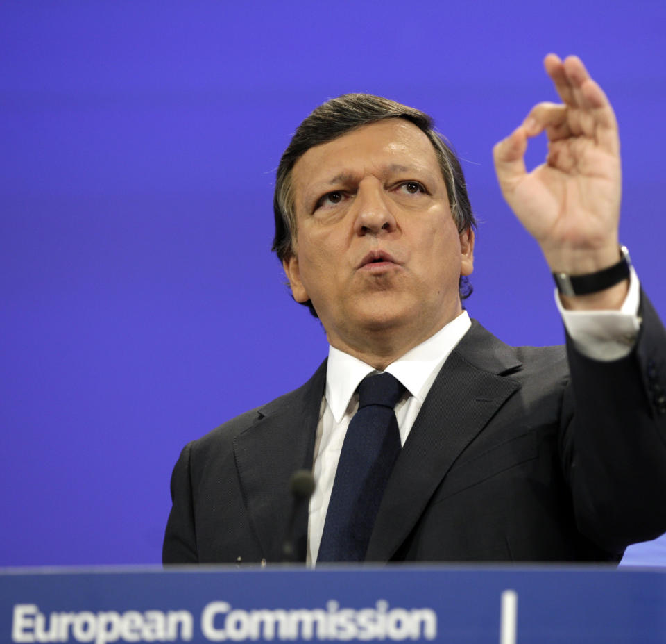 European Commission President Jose Manuel Barroso gestures while speaking during a media conference at EU headquarters in Brussels on Tuesday, May 8, 2012. The European Commission has called on EU nations to stick to their promised budget cuts despite voter discontent in France and Greece, but promised new efforts to boost growth to alleviate economic hardship. (AP Photo/Virginia Mayo)