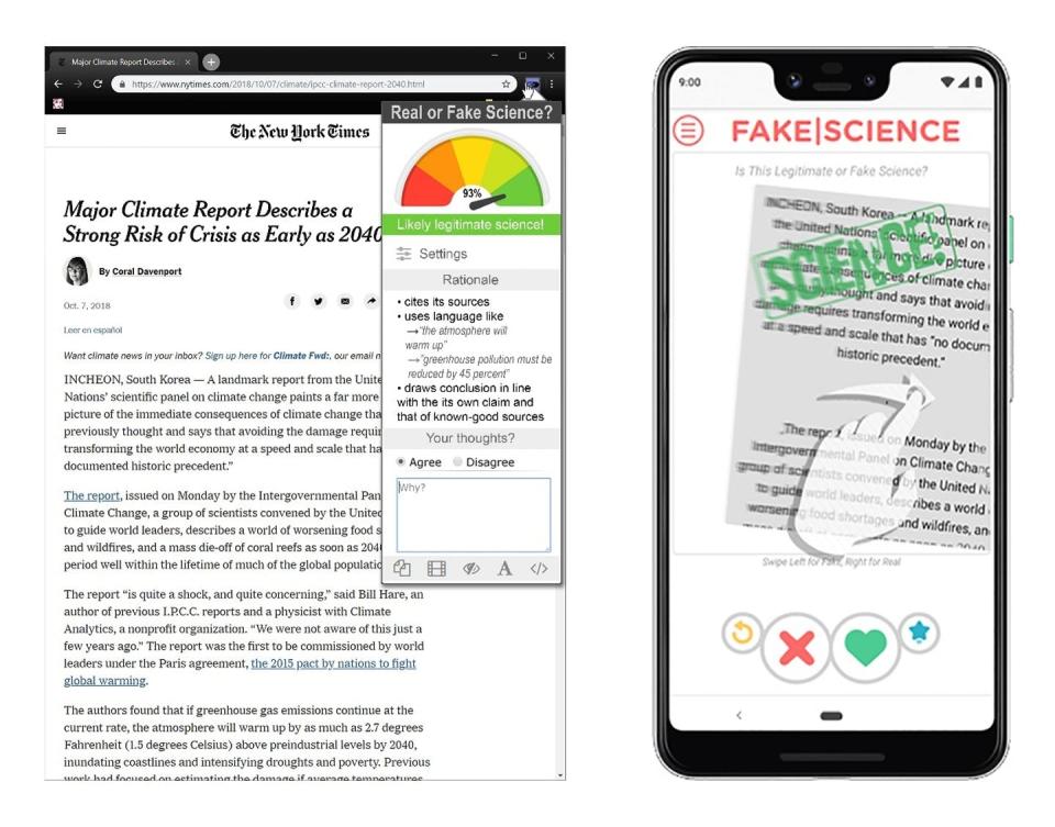 <span class="caption">Neural net technology under development at the University of Arizona will flag science websites with a color code indicating their reliability (left). A smartphone app version will gamify the process of declaring science articles real or fake (right).</span> <span class="attribution"><span class="source">Chris Impey</span>, <a class="link " href="http://creativecommons.org/licenses/by-nd/4.0/" rel="nofollow noopener" target="_blank" data-ylk="slk:CC BY-ND;elm:context_link;itc:0;sec:content-canvas">CC BY-ND</a></span>