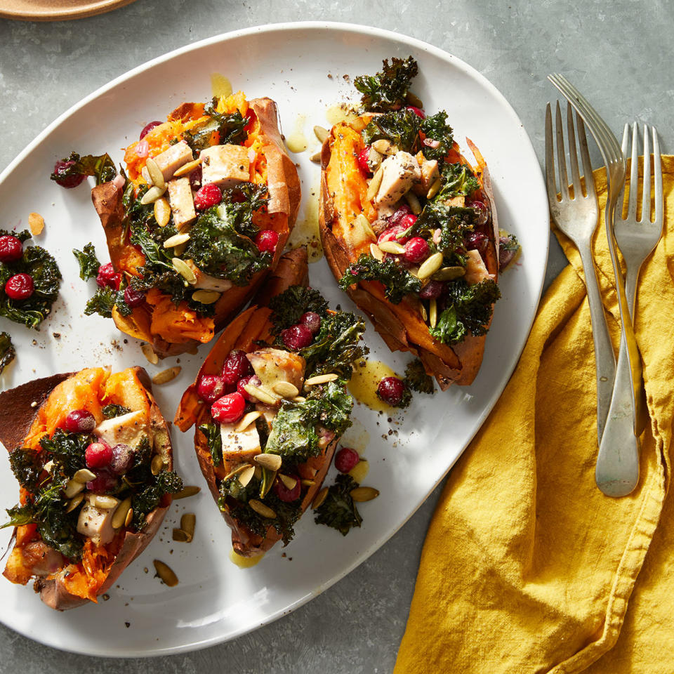 Baked Sweet Potatoes with Cranberries & Turkey