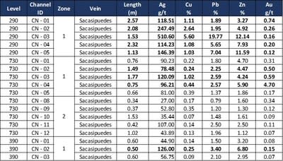 Table 3.1: Assay results of systematic channel sampling, Sacasipuedes vein, on Levels 290, 730, 365, and 390 of the Reliquias mine. (CNW Group/Silver Mountain Resources Inc.)