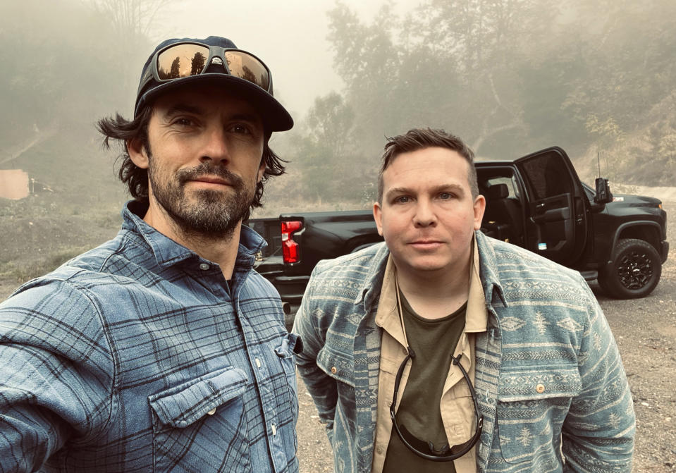 Actor Milo Ventimiglia, left, appears with AP Investigative Reporter ​James LaPorta on the set of "This Is Us." Ventimiglia directs the upcoming episode "The Guitar Man," featuring a character LaPorta helped to develop. (Milo Ventimiglia via AP)