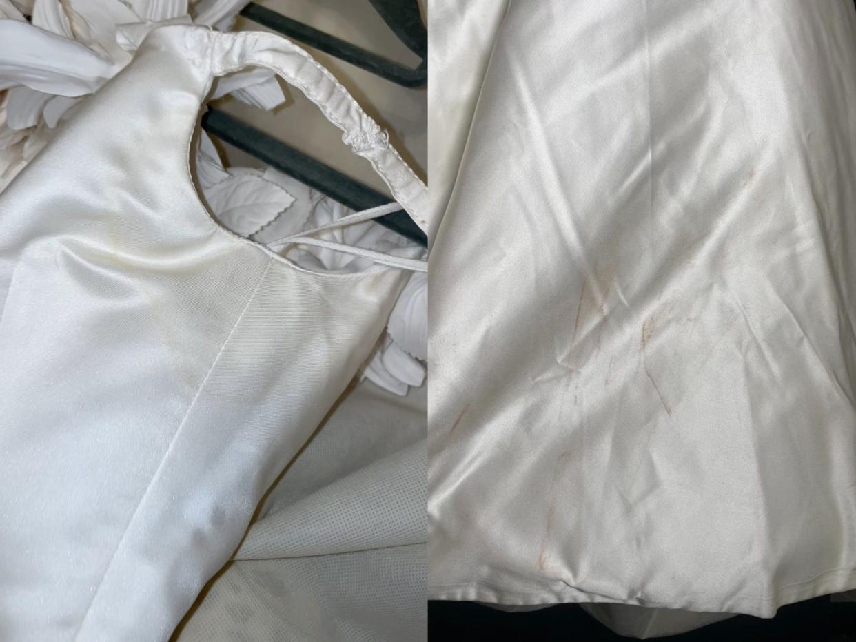 A composite image of stains on a wedding dress' armpit area and skirt.