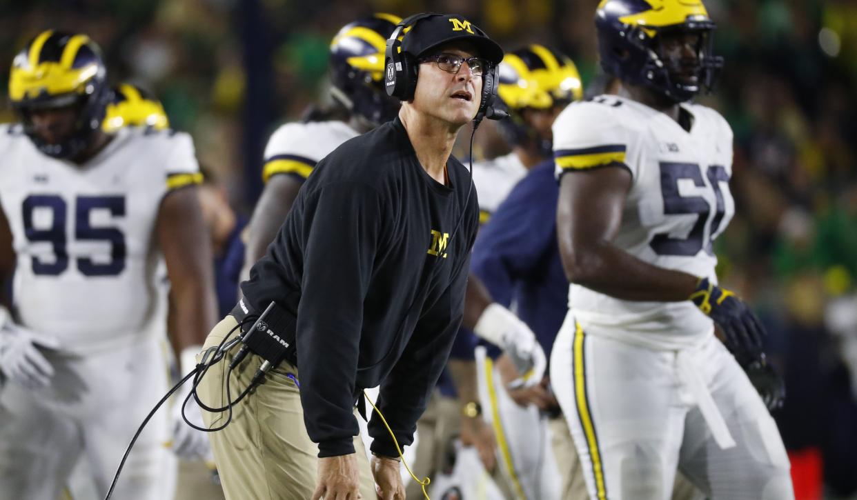 Michigan head coach Jim Harbaugh during the game against Notre Dame on Sept. 1. (Paul Sancya/AP)