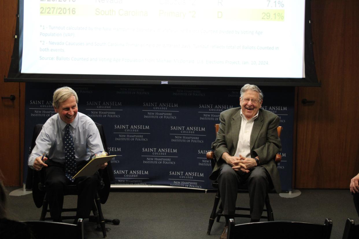 Former New Hampshire governors John Lynch, left, and John Sununu discuss the New Hampshire primary Wednesday, Jan. 17, 2024, at Saint Anselm College.