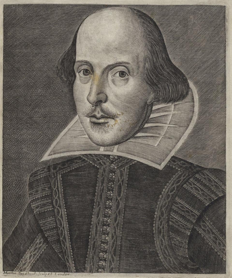 This engraved portrait of William Shakespeare by Martin Droeshout was used as the frontispiece for the title page of the First Folio collection of his plays, published in 1623.