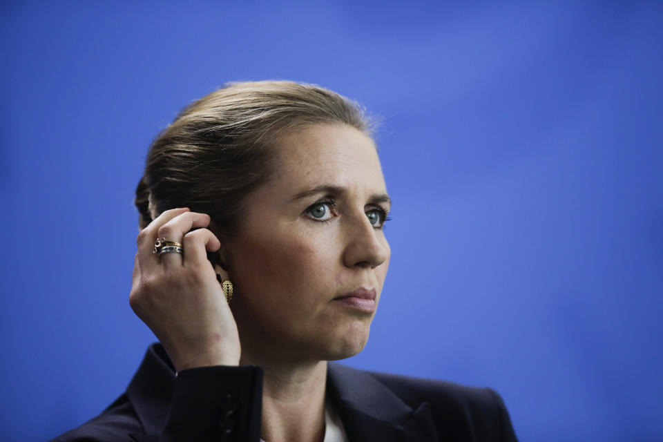 Danish Prime Minister Mette Frederiksen attends a news conference with German Chancellor Angela Merkel after a meeting at the chancellery in Berlin, Thursday, July 11, 2019. (AP Photo/Markus Schreiber)