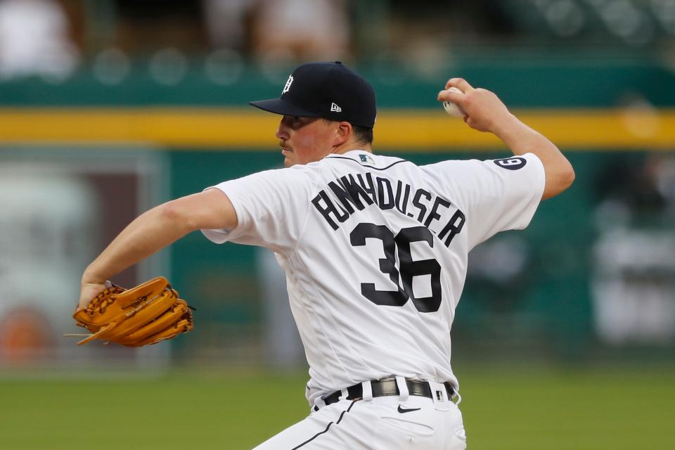 Tigers pitcher Kyle Funkhouser throws during during the Tigers' 14-6 loss to the Royals at Comerica Park on Monday, July 27, 2020.