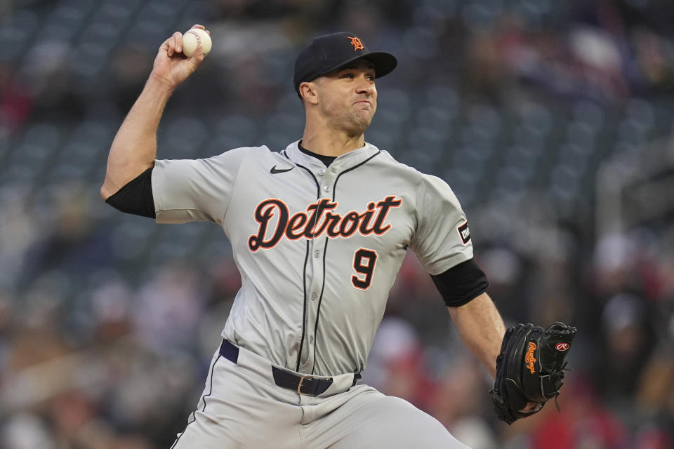 Detroit Tigers starting pitcher Jack Flaherty delivers during the second inning of the team's baseball game against the Minnesota Twins, Friday, April 19, 2024, in Minneapolis. (AP Photo/Abbie Parr)