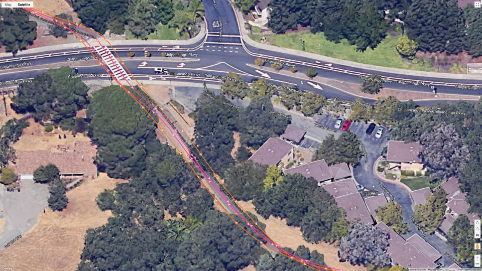 A screenshot of a portion of a satellite GPS map, showing how the Garmin Forerunner 165 and COROS PACE 3 compare for GPS accuracy.