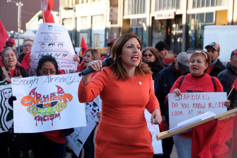 Seattle City Councilor Teresa Mosqueda speaks to protesters before the Starbucks annual shareholders meeting at WAMU Theater, on March 20, 2019 in Seattle, Washington. | Stephen Brashear—Getty Images