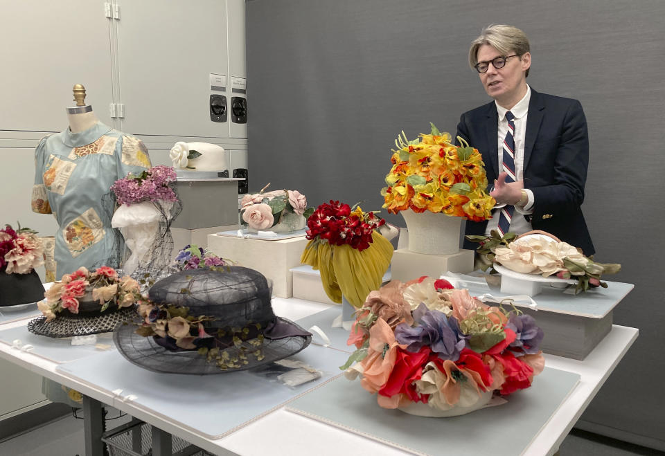 Curator Andrew Bolton displays garments in the conservation space of the Costume Institute of the Metropolitan Museum of Art in Manhattan, Nov. 8, 2023. The garments will be part of the upcoming spring exhibit at the Costume Institute, launched by the Met Gala. “Sleeping Beauties: Reawakening Fashion” will run from May 10-Sept. 2, 2024. (AP Photo/Jocelyn Noveck)