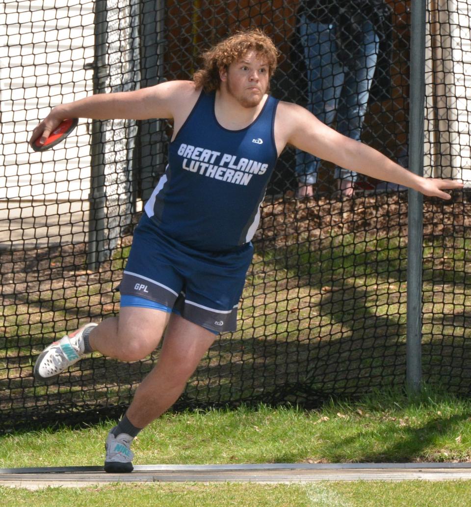Great Plains Lutheran's RJ Perry won the boys' discus to lead the Panther boys to their 17th-straight division title in the Eastern Coteau Conference track and field meet on Tuesday, May 9, 2023 at Webster.