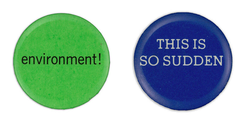 A green button says "environment!" lowercase with an exclamation mark, a blue button reads "this is so sudden" in all capital letters