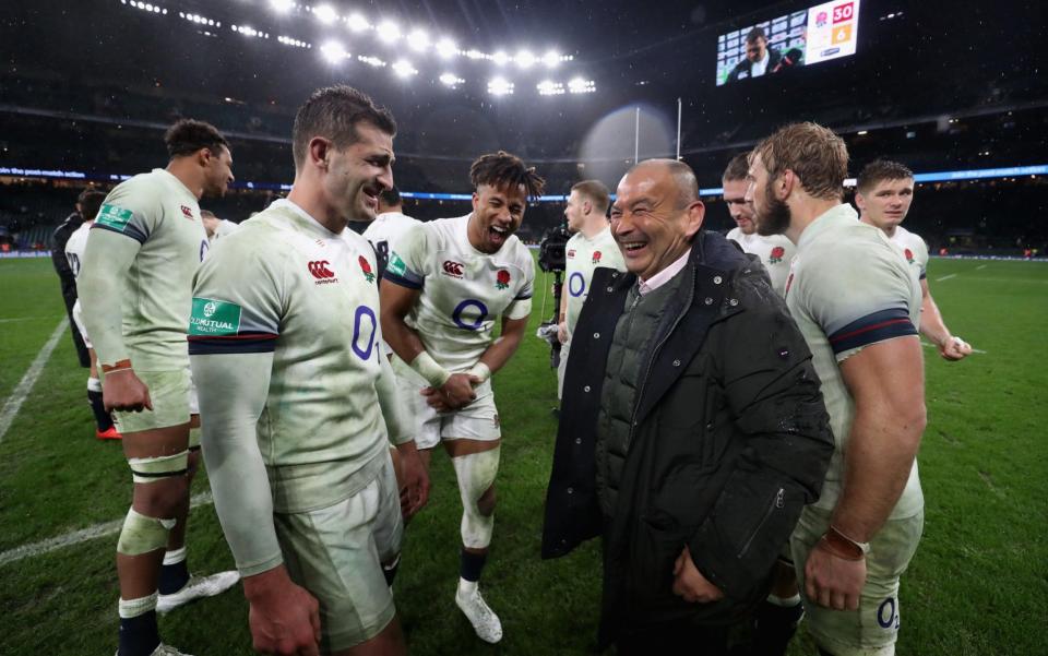 Hard work pays off: Jonny May with Eddie Jones - The RFU Collection