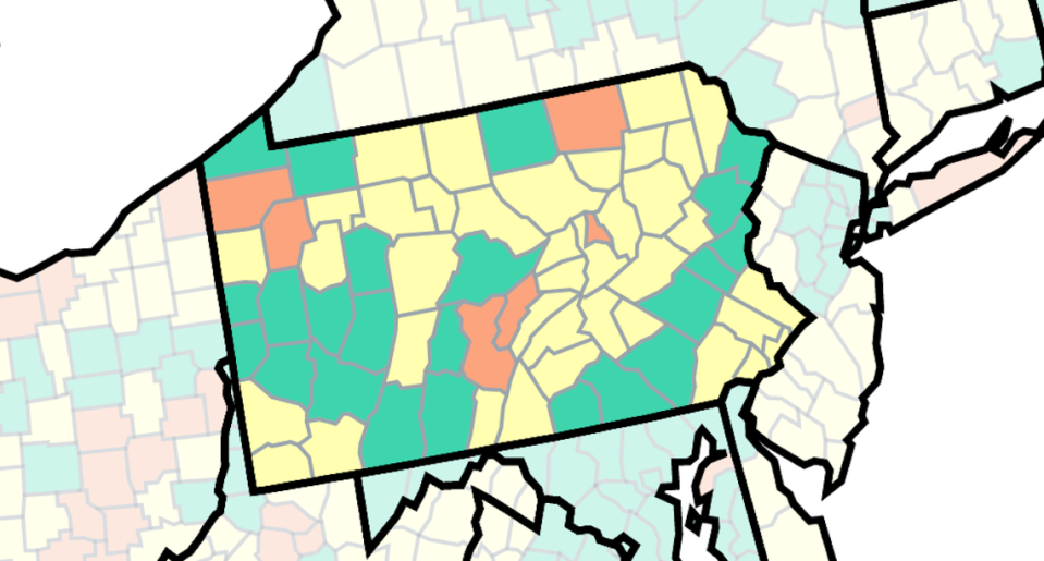 This map of Pennsylvania from the U.S. Centers for Disease Control and Prevention shows counties COVID-19 community level as of Sept. 23, 2022. The orange counties are at high, the yellow are at medium and the green are at low.