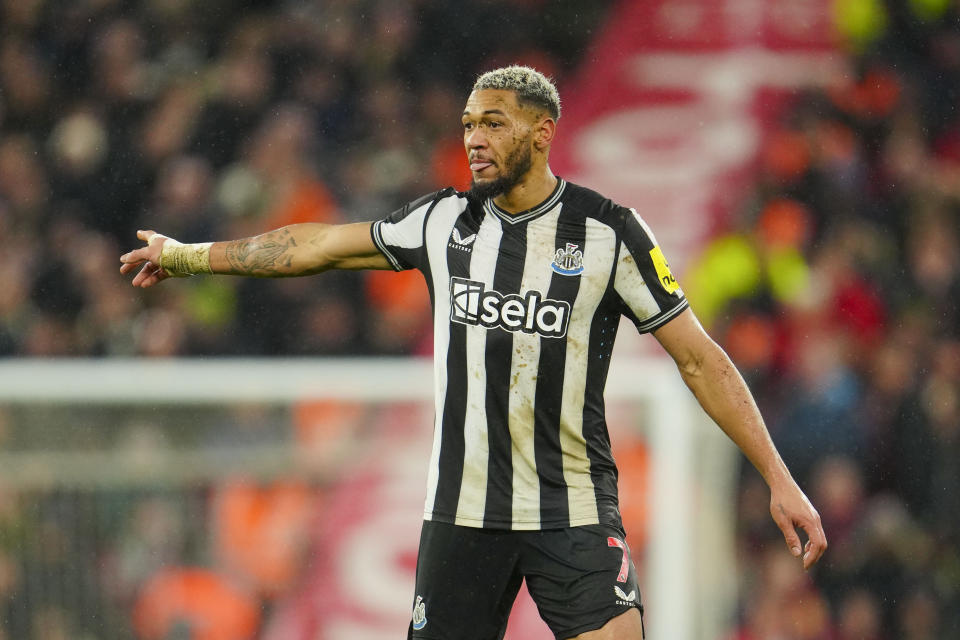 Newcastle's Joelinton reacts during the English Premier League soccer match between Liverpool and Newcastle, at Anfield stadium in Liverpool, England, Monday, Jan. 1, 2024. (AP Photo/Jon Super)