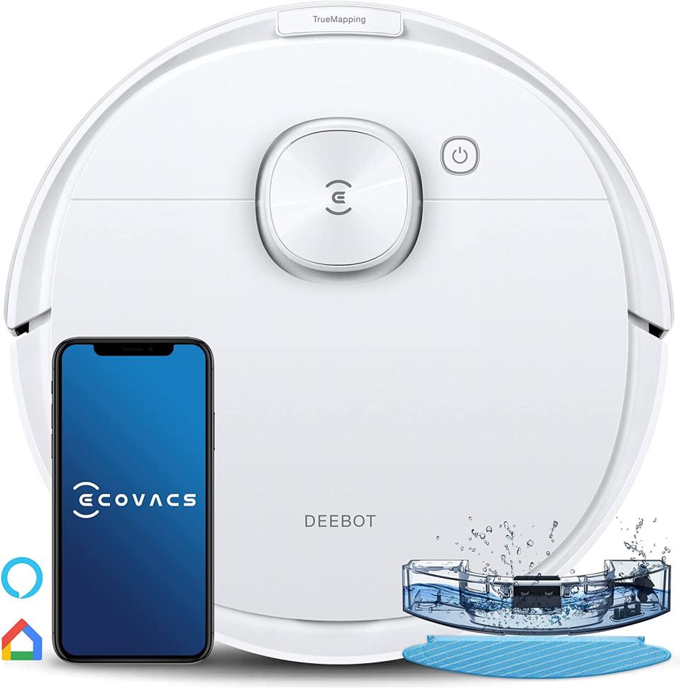 The ECOVACS DEEBOT N8 robotic vacuum cleaner and accompanying mobile app on a white background