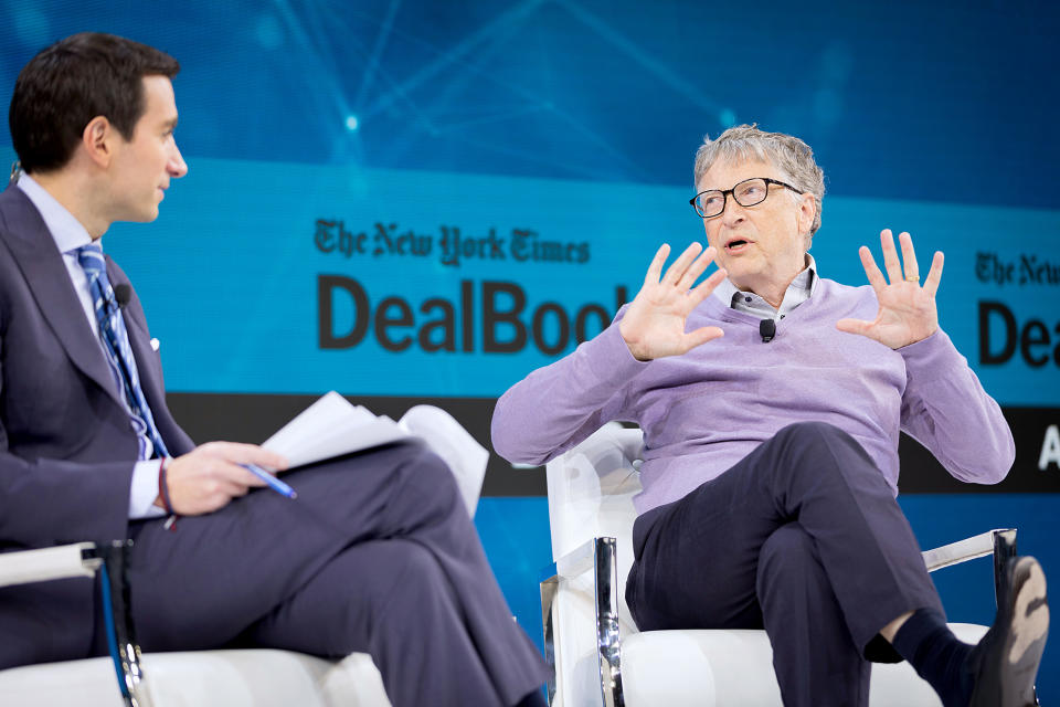 NEW YORK, NEW YORK - NOVEMBER 06: Andrew Ross Sorkin, Editor at Large, Columnist and Founder, DealBook, The New York Times speaks with Bill Gates, Co-Chair, Bill & Melinda Gates Foundation onstage at 2019 New York Times Dealbook on November 06, 2019 in New York City. (Photo by Michael Cohen/Getty Images for The New York Times)