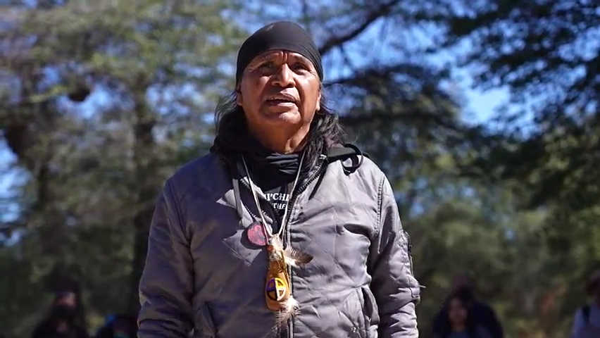 Wendsler Nosie Sr., leader of Apache Stronghold, tells 8th Annual Oak Flat Run participants, "We have to start defending the earth, the mother."