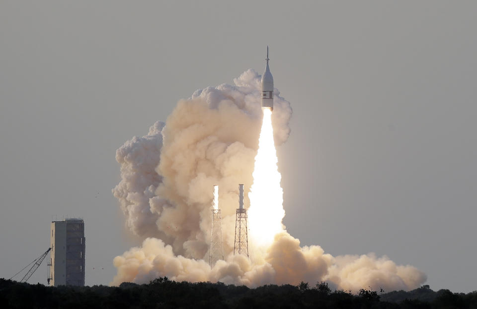 A NASA Orion spacecraft lifts off from pad 46 at the Cape Canaveral Air Force Station Tuesday, July 2, 2019, in Cape Canaveral, Fla. This launch is for a test of the capsule's launch abort system (LAS), which is a rocket-powered tower on top of the crew module built to very quickly get astronauts safely away from their launch vehicle if there is a problem during ascent. (AP Photo/John Raoux)