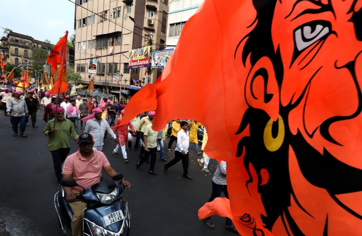  Hindu devotees participate in a religious procession to celebrate the Ram Navami festival in Kolkata (EPA)