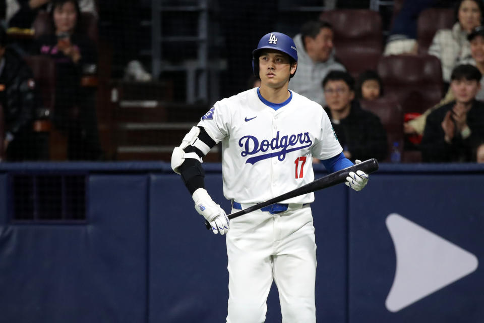 SEOUL, SOUTH KOREA - MARCH 18: Shohei Ohtani #17 of the Los Angeles Dodgers comes up to bat in the fifth inning during the exhibition game between Team Korea and the Los Angeles Dodgers at Gocheok Sky Dome on March 18, 2024 in Seoul, South Korea.  (Photo by Chung Sung-Jun/Getty Images)