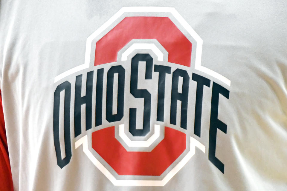 COLLEGE PARK, MD - FEBRUARY 23:  The Ohio State Buckeyes logo on a sweat shirt before a college basketball game against the Maryland Terrapins at the XFinity Center on February 23, 2019 in College Park, Maryland.  (Photo by Mitchell Layton/Getty Images) *** Local Caption ***