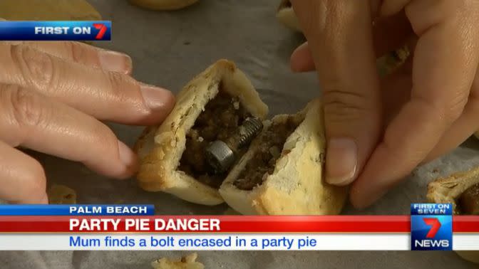 The bolt was found in the middle of the meat pie. Photo: 7 News