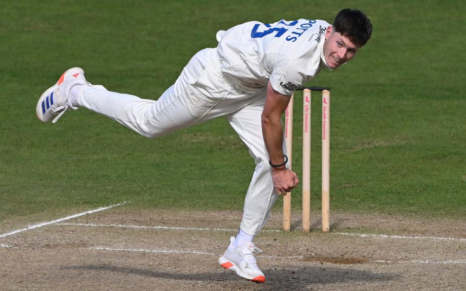 Matthew Potts bowls against Lancashire