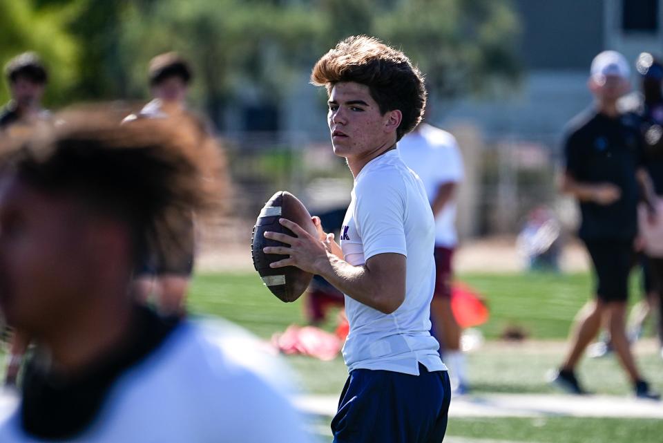 Centennial High School’s Kainan Manna throws the ball during a game against Raymond S. Kellis High School in the Storm Summer Championship tournament at Arizona Christian University in Glendale on May 30, 2023.