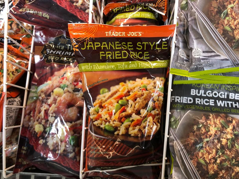 A bag of Trader Joe's Japanese-style fried rice in a freezer at the store.