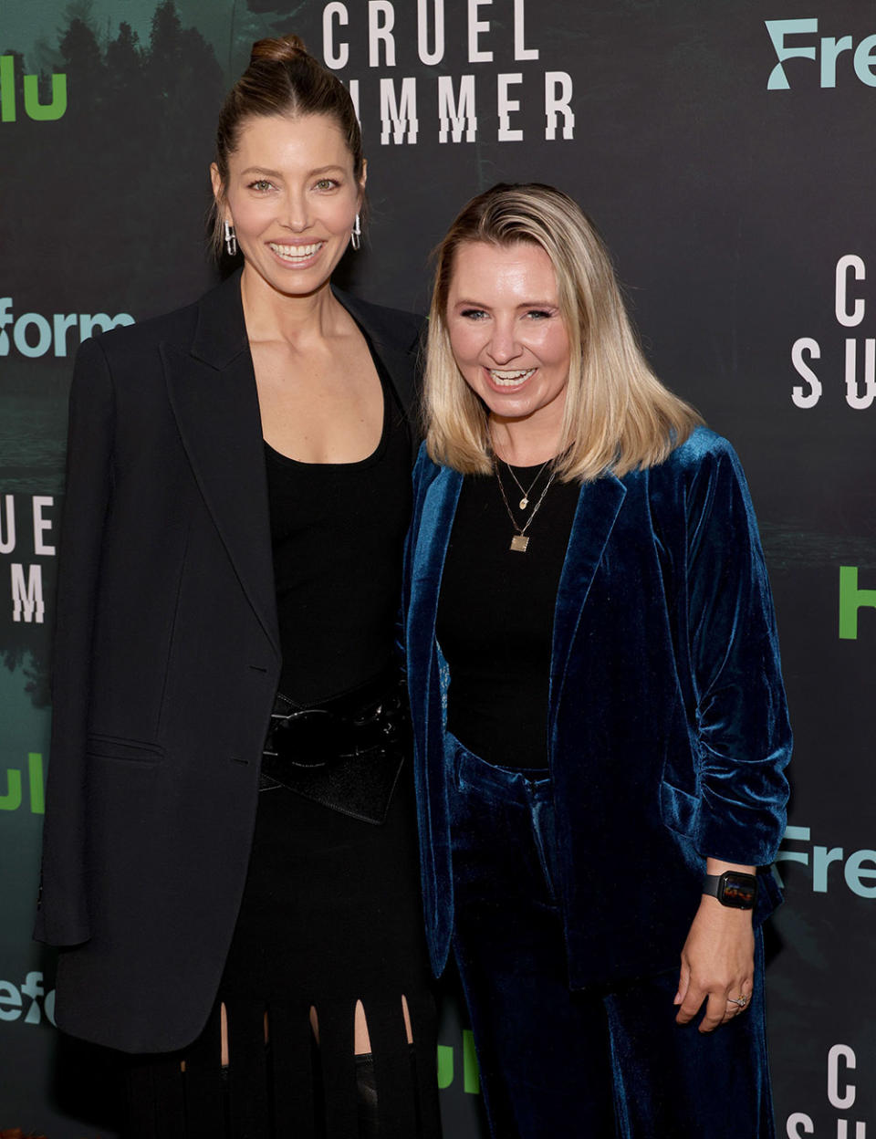 (L-R) Jessica Biel and Beverley Mitchell attend the premiere of Freeform's "Cruel Summer" Season 2 at Grace E. Simons Lodge on May 31, 2023 in Los Angeles, California.