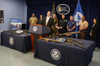 Anthony Salisbury, special agent in charge of Homeland Security Investigations Miami (HSI), speaks during a news conference at the Homeland Security Investigations Miami Field Office, Wednesday, Aug. 17, 2022, in Miami. HSI is working with other agencies to highlight efforts to crack down on a recent increase of firearms and ammunition smuggling to Haiti and other Caribbean nations. (AP Photo/Lynne Sladky)