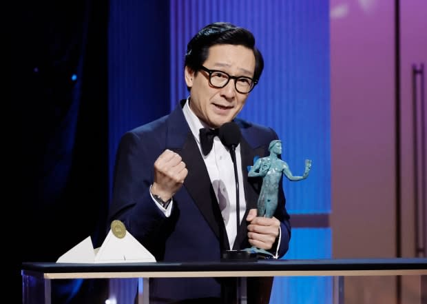 Ke Huy Quan accepts the Outstanding Performance by a Male Actor in a Supporting Role award for “Everything Everywhere All at Once” onstage during the 29th Annual Screen Actors Guild Awards at Fairmont Century Plaza on Feb. 26, 2023, in Los Angeles.<p><a href="https://www.gettyimages.com/detail/1469866186" rel="nofollow noopener" target="_blank" data-ylk="slk:Kevin Winter/Getty Images;elm:context_link;itc:0;sec:content-canvas" class="link ">Kevin Winter/Getty Images</a></p>